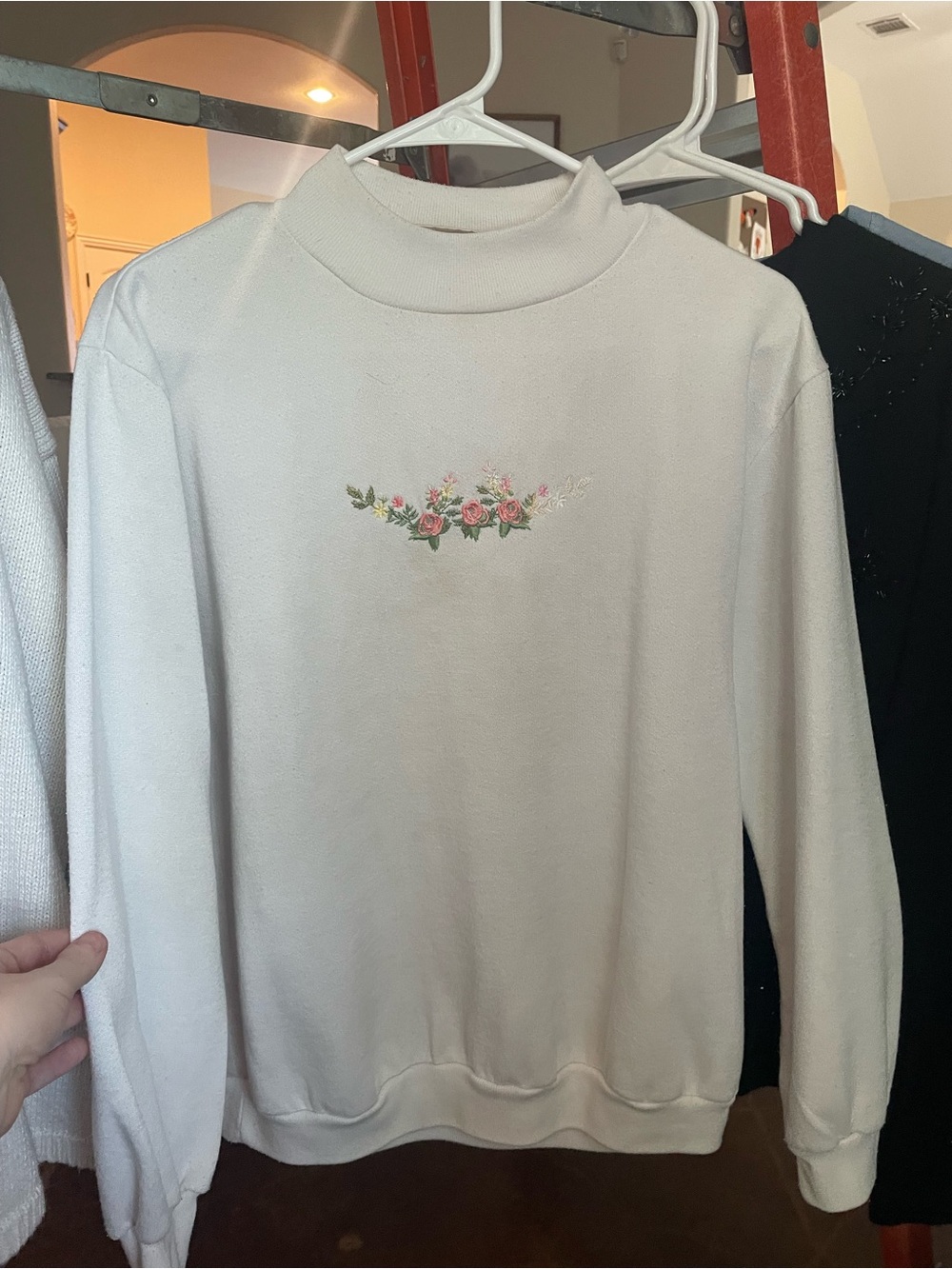 Women's Cream Mock-Neck Sweater with Floral Embroidery